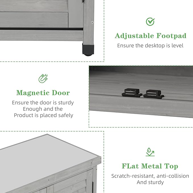 Outdoor Potting Bench with Storage Cabinet and Metal Top, Wood Workstation for Outdoor Patio, Garden (Light Grey, 31x17x36‘’)