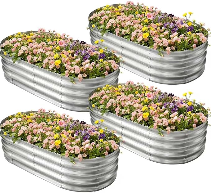 Galvanized Raised Garden Bed for Outdoor: 4X2X1ft Durable Metal Vegetable Plant Container Kit - Oval Planter Box for Gardening Flower Trough (4 Pack)