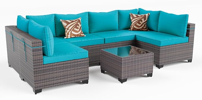 Kullavik 7 Pieces Outdoor Patio Furniture Set PE Wicker Rattan Sectional Sofa Patio Conversation Sets,Blue