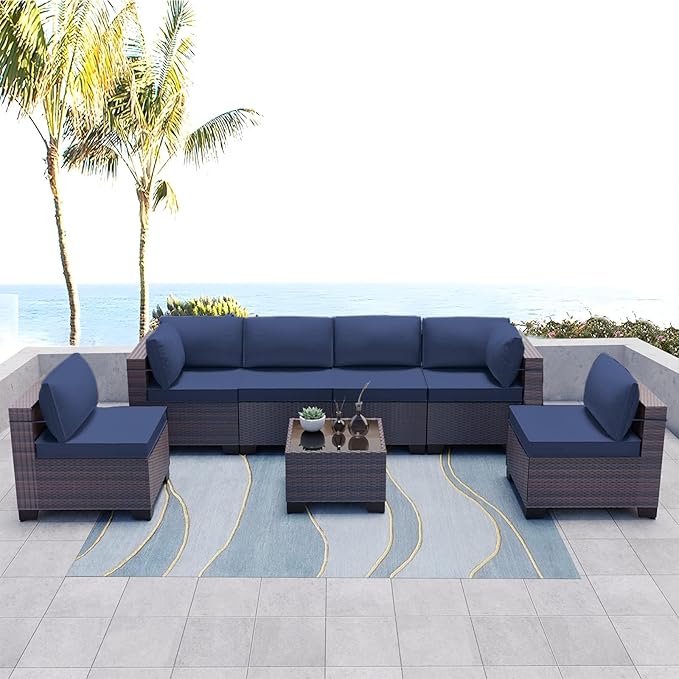 Kullavik 7 Pieces Outdoor Patio Furniture Set PE Wicker Rattan Sectional Sofa Patio Conversation Sets,Navy Blue