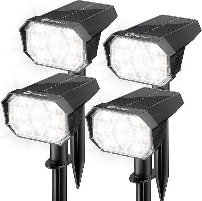 Brightown 4Pack Solar Spot Lights Outdoor with 58 LED & 1800mAh, IP67 Solar Lights Outdoor Waterproof with 3 Light Modes, 2-in-1 Dual Use Outdoor Solar Lights for Yard, Garden and Pathway (Cool White)
