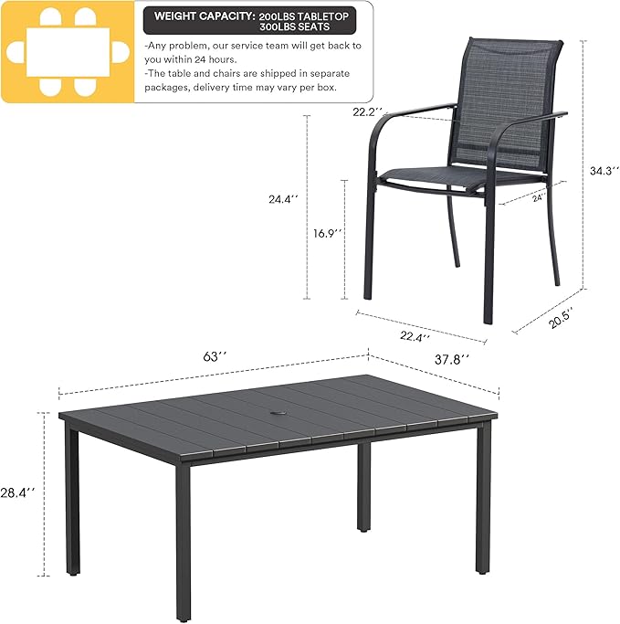 VICLLAX Patio Dining Set for 6, Outdoor Furniture Set Includes 63" Rectangle Patio Table and 6 Patio Sling Chairs, Outdoor Table and Chairs for Outsides, Black Tabletop and Dark Grey Fabric