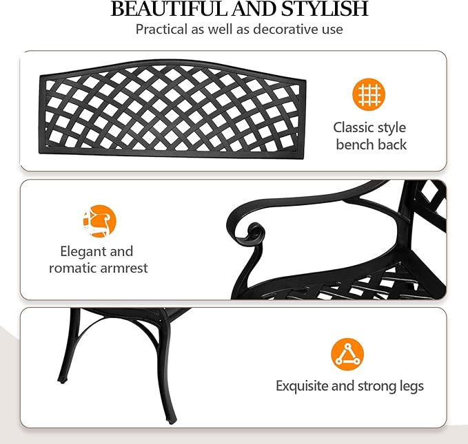 VINGLI 40.5" Patio Garden Bench,Anti- Rust Cast Iron Cast Aluminum Frame for Outdoor Path Yard Lawn Work Entryway Decor Deck (Black)