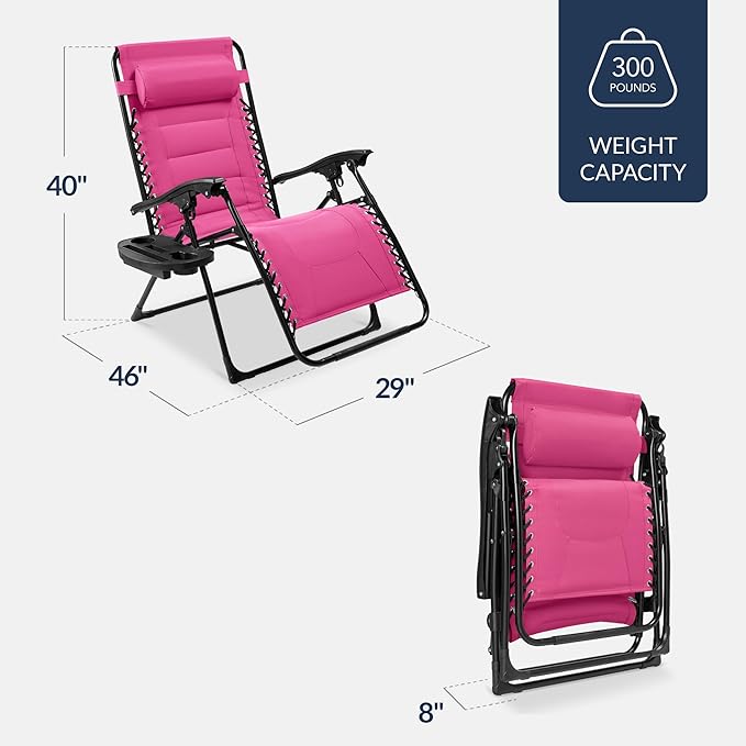 Best Choice Products Oversized Padded Zero Gravity Chair, Folding Outdoor Patio Recliner, XL Anti Gravity Lounger for Backyard w/Headrest, Cup Holder, Side Tray, Polyester Mesh - Hot Pink