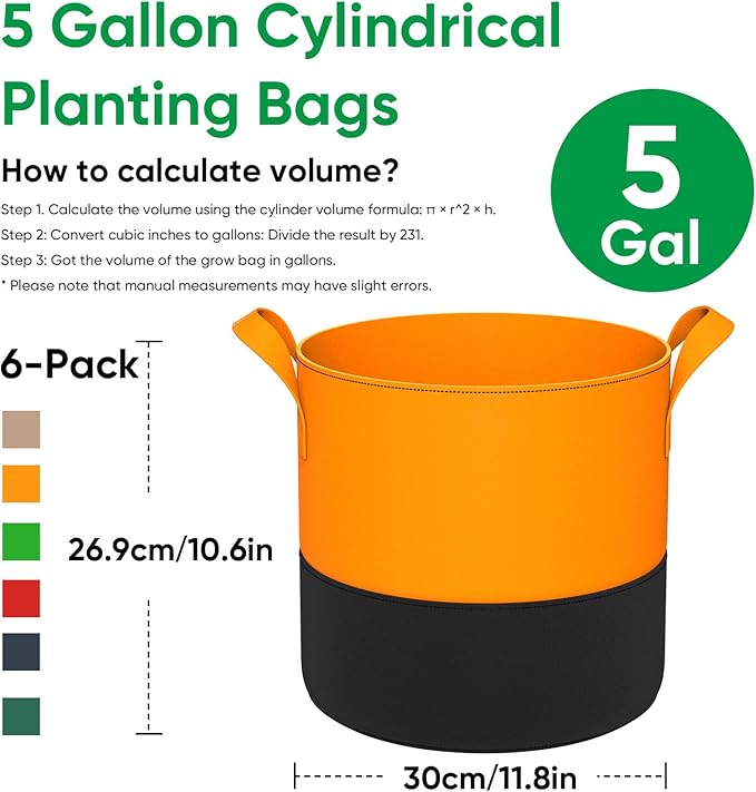 5-Gallon Grow Bags: 6 Pack Heavy Duty 350G Thickened Fabric Pots Nonwoven Felt Garden Bags for Growing Vegetable Fruit Flower with Plant Labels