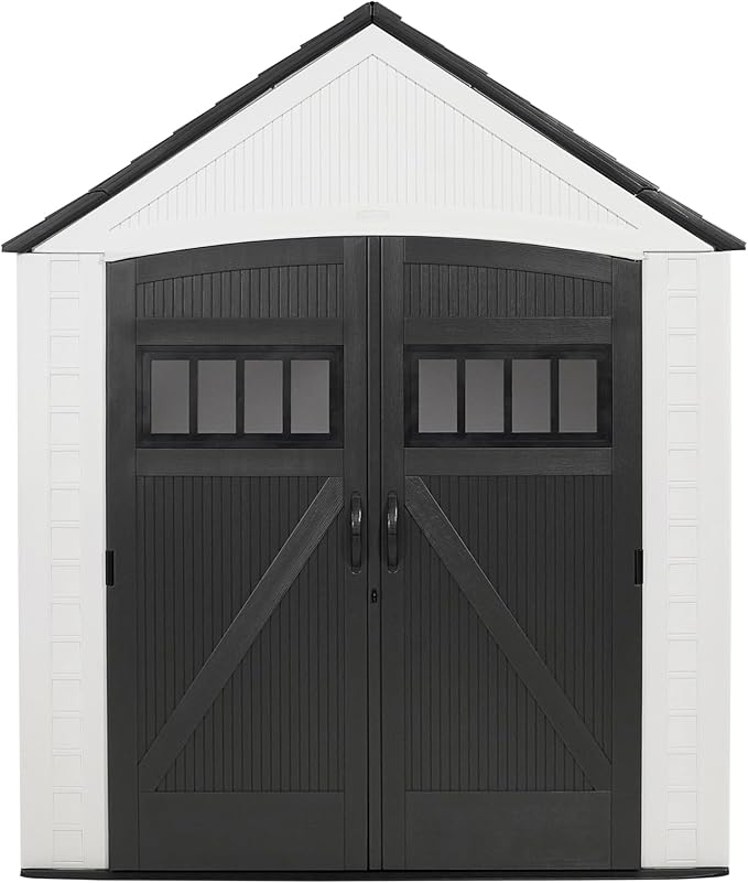 Rubbermaid Resin Outdoor Storage Shed With Floor (7 x 10.5 Ft) Weather Resistant, White, Organization for Home/Backyard/Garden Tools/Lawn Mower/Bike Storage/Pool Supplies