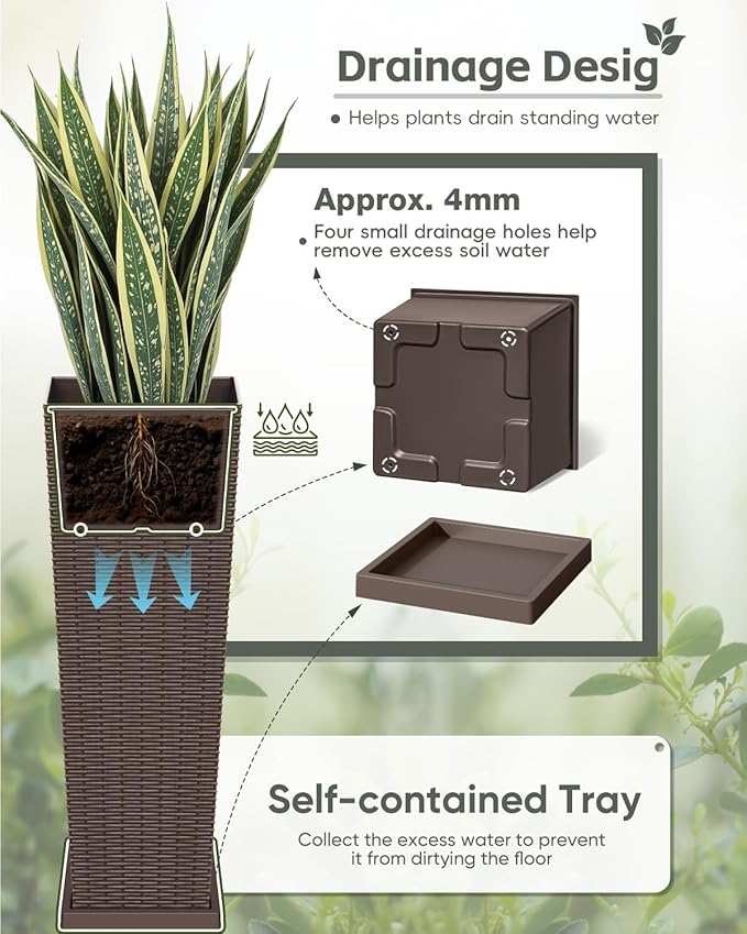 Greesum Set of 2 Tall Plastic Planters with Saucer, 32 Inch Large Pots with Drainage Trays, Weather-Resistant Plastic Plant Containers for Patio, Porch, Garden,Brown