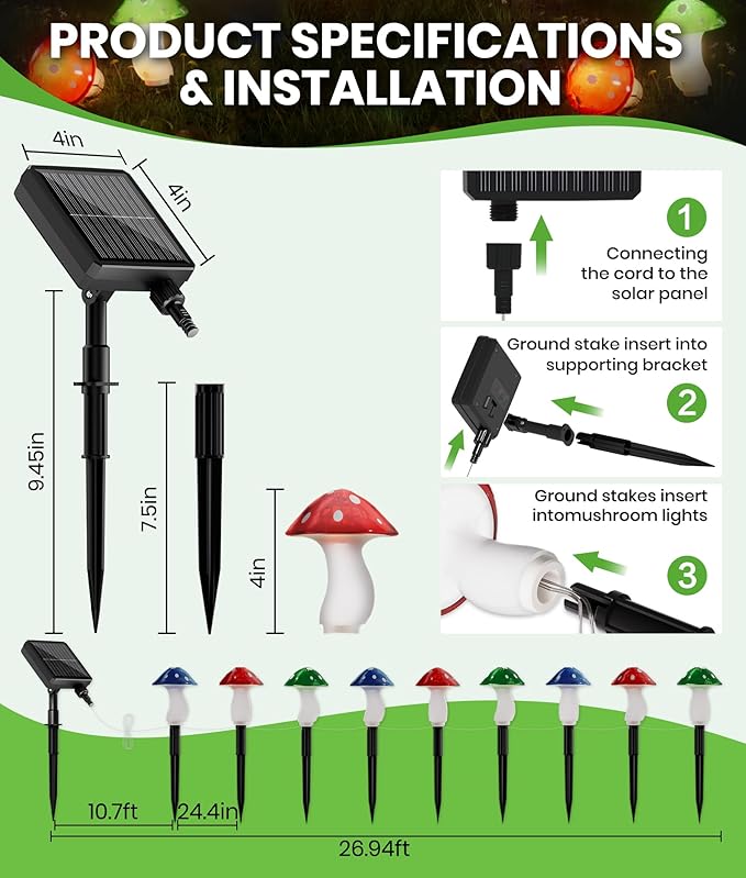 Solar Mushroom Lights Outdoor, 9 Pack 30FT Multicolor 8 Modes Solar Garden Lights, IP65 Waterproof Pathway Light Outdoor Decoration for Party, Garden, Yard, Patio, Lawn Decor (Multicolor)