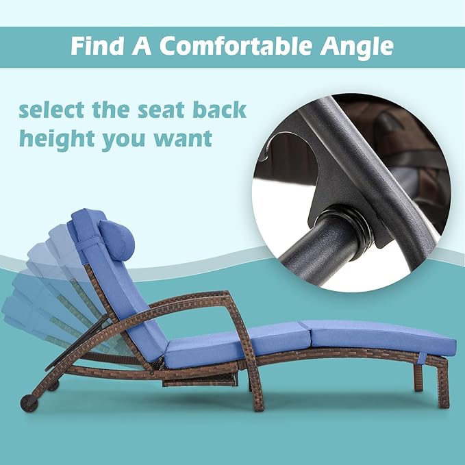 Chaise Lounge Chairs Outdoor Set of 2, Comfy Outside Wicker Patio Pool Lounge Chair w/ 5 Adjustable Back Angle, Cup Holder, Thicken Cushion
