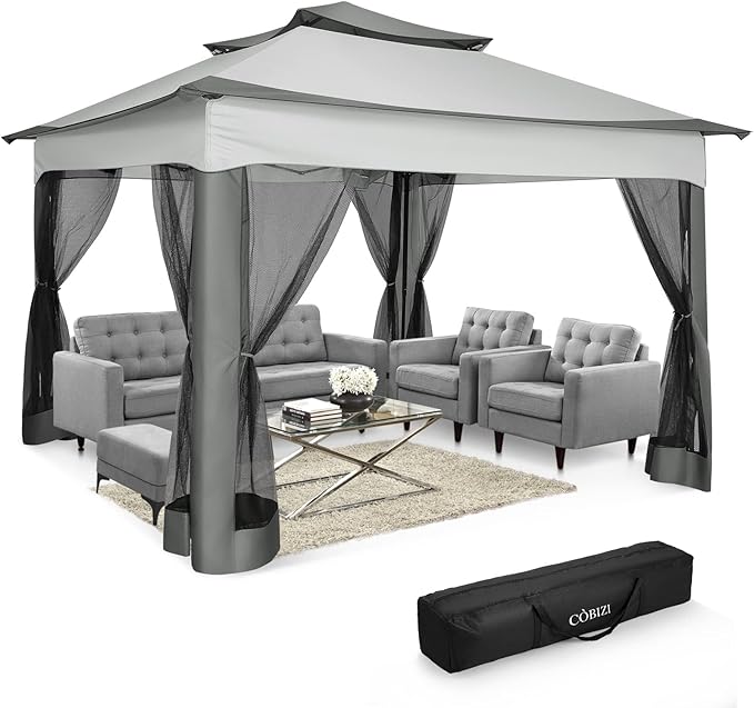 COBIZI 11x11 Pop Up Gazebo One-Push Canopy Tent, Carpas Para Patio, Outdoor Canopy Shelter with Double Roof Ventiation 121 Square Feet of Shade for Lawn, Garden, Backyard and Deck, Gray (Upgraded 2.0)