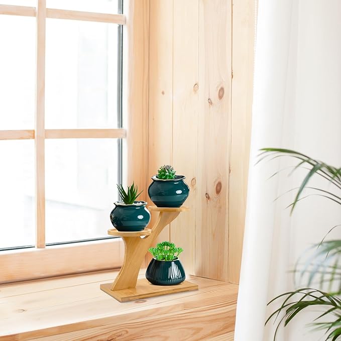 XXXFLOWER Bamboo Plant Stand ,3 Tiers Indoor Succulent Windowsill Shelf - Small Tabletop Plant Holder for Home, Office, Living Room, Bedroom Decoration 1pc