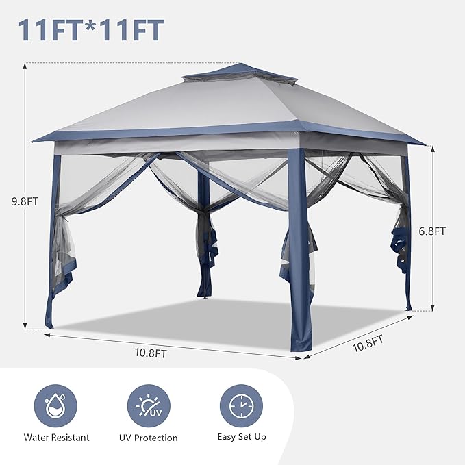 GDY 11x11 Pop Up Canopy Tent, Outdoor Canopy with Netting, Outdoor Gazebo for Backyard, Tent with Handbag, Blue.