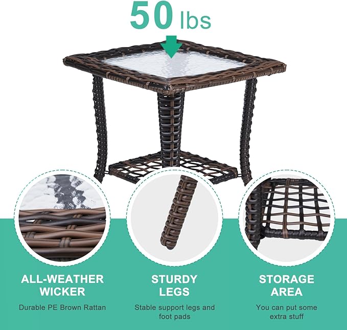 VINGLI Outdoor Side Table with Storage Wicker Patio Side Table, Tempered Glass Top End Table for Balcony Porch Deck (Brown)