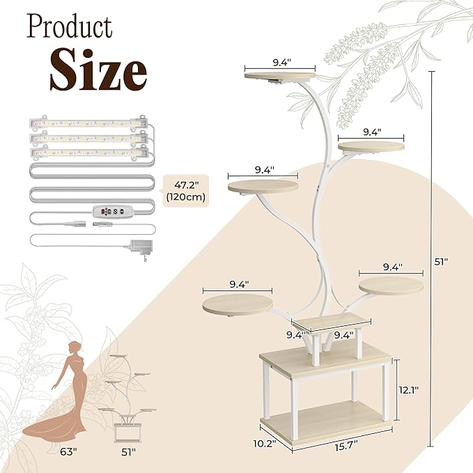 PRAISUN 51 Inch Plant Stand with Grow Lights, 8 Tiered Indoor Plant Shelf with Larger Flower Holder, Curved-tubed Design, 3 Light Modes, Corner Plant Rack for Living Room, Oak
