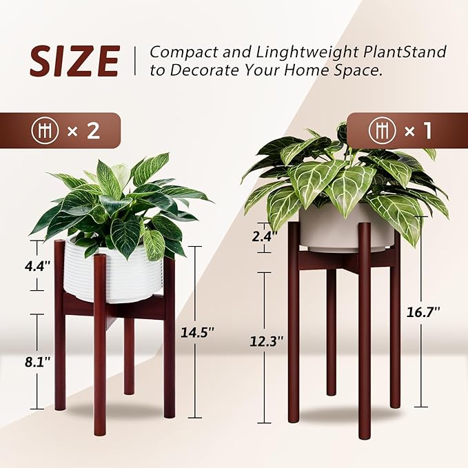 Adjustable Plant Stand Indoor, Bamboo Plant Holder 8 to 12 Inches, 3 Pack Single Floor Plant Stand for Living Room Balcony Bedroom, Reddish Brown
