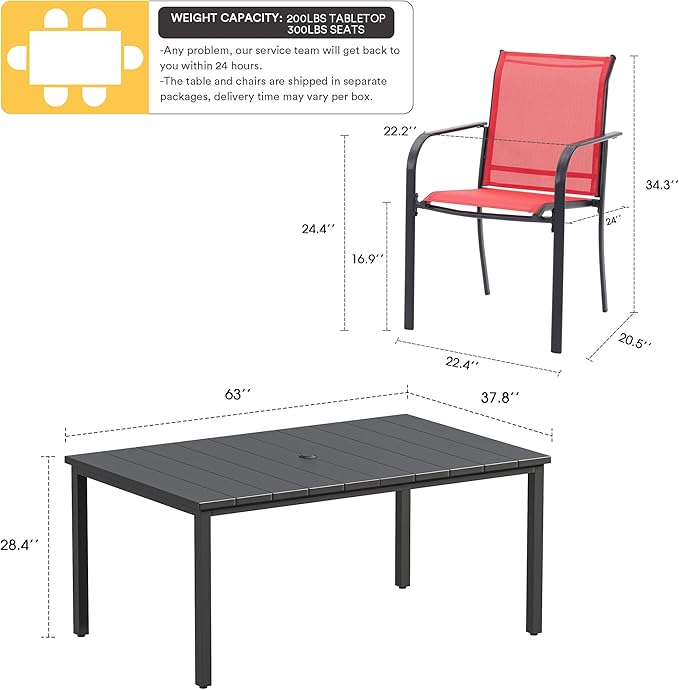 VICLLAX Patio Dining Set for 6, Outdoor Furniture Set Includes 63" Rectangle Patio Table and 6 Patio Sling Chairs, Outdoor Table and Chairs for Outsides, Black Tabletop and Red Fabric