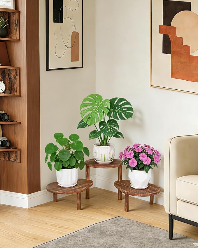 Convex Corner Plant Stand Indoor Outdoor, Wood Adjustable Plant Shelf, Long Flower Stand for Small Apartment Living Room Balcony, Carbonized Color