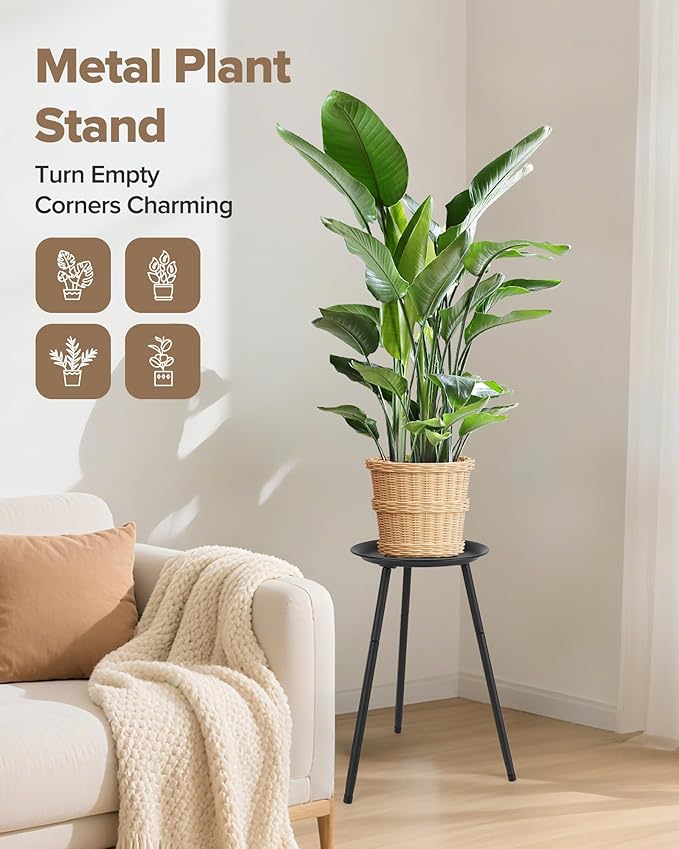 Tall Plant Stand Indoor, Metal Mid Century Indoor Plant Stands, Adjustable Height Plant Table for Flower Pots, Stable Plant Holder with Raised Design, Small Side End Table Black, 11.6"x20.6"
