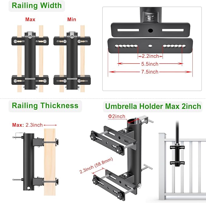 Heavy Duty Deck Railing Umbrella Holder, Adjustable Patio Umbrella Stand for 1-2 Inch Poles, Secure & Sturdy Railing Grille Mount, Maximizes Outdoor Space