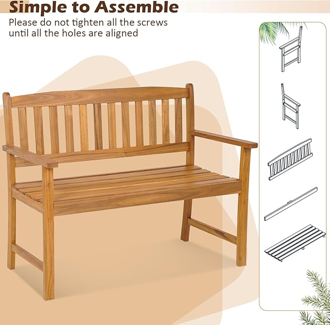 Tangkula Outdoor Acacia Wood Bench, 2-Person Garden Bench with Backrest and Armrests, Garden Bench with Slatted Seat for Porch, Park, Backyard, 800 Lbs Max Load, 43” L x 22” W x 34” H, Natural