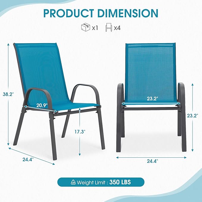 Outdoor Stackable Chairs Set of 6, Stacking Patio Chairs with Textilene Fabric, Outside Furniture for Garden Backyard Balconie Poolside Deck, Blue