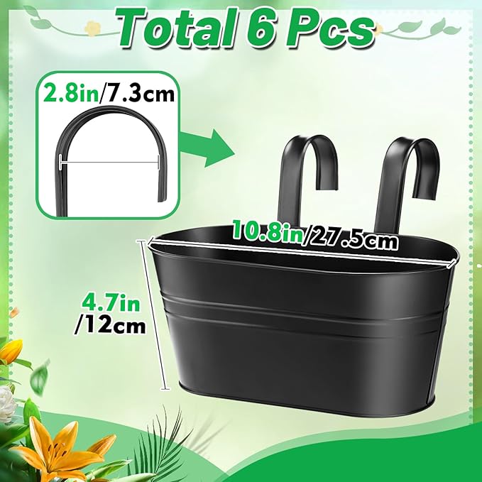 MADHOLLY Railing Planter with Drainage Holes - 6Pcs Sturdy Bucket Pots for Railing Fence, Countryside Style Metal Flower Pots for Herbs Balcony Garden Yard Decor, Black