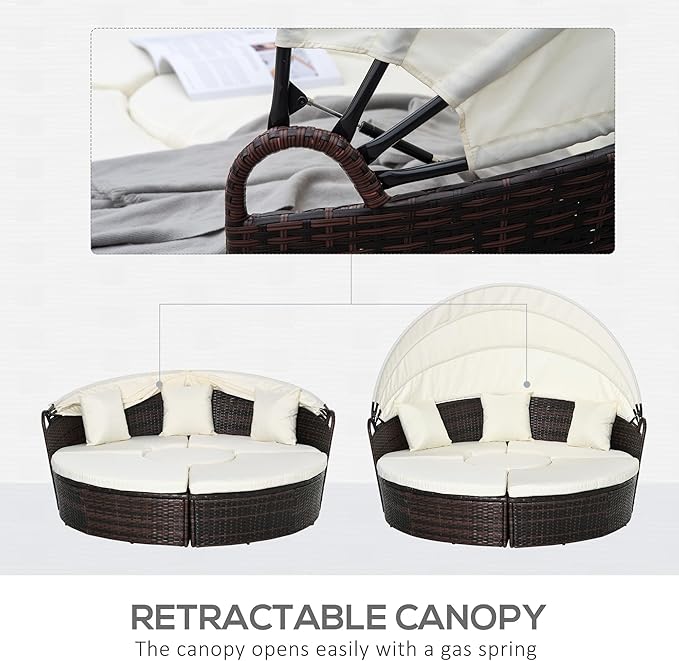 Outsunny 4-Piece Round Convertible Daybed with Cushions, Outdoor PE Rattan Patio Wicker Sofa Set, Sunbed with Adjustable Sun Canopy, Sectional Sofa, 2 Chairs, Table, 3 Pillows, Cream White