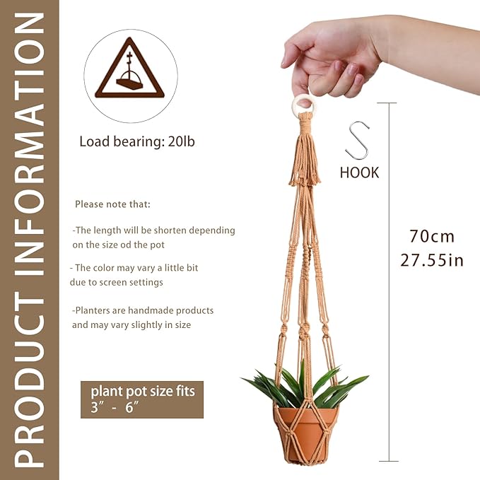 Artilady Plant Hanger Indoor Macrame Hanging Planters for Plants Holder Boho Brown Basket No Tassels Farmhouse Rustic Window Wall Decor (Brown Planter-1pcs)