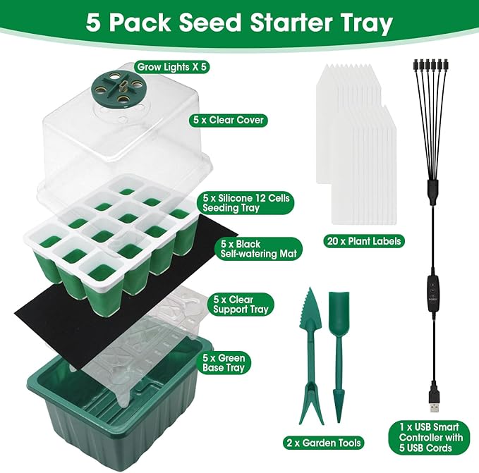 5PCS 60 Cell Self Watering Seed Starter Tray with Grow Light, Reusable Silicone Seed Starter Kit with Humidity Dome, 60 Cells Plant Germination Trays for Seeding Planting Growing（5-Pack 60-Cell）