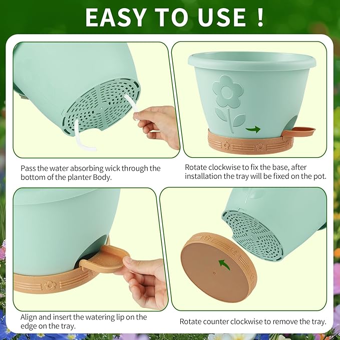 Plant Pots, Flower Pots for Indoor/Outdoor Plants, Self Watering Plastic Planters Pots with Drainage Holes, Saucer & Reservoir, Decorative Nursery Planting Pots(10 Inch Set of 4)
