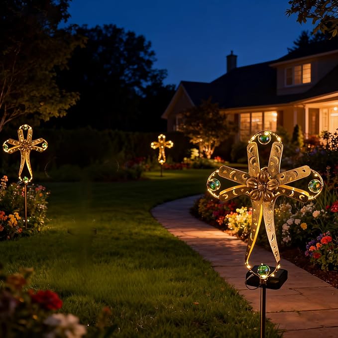 Kaixoxin Solar Power Cross Stake Warm White Color Florals Solar Lights Garden Decor Memorial Gift Cemetery Decoration LED Outdoor Landscape Light