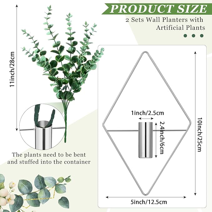 2 Pieces Wall Decor Hanging Planters with Artificial Plants Metal Hanging Vase Indoor Plants Holder Modern Boho Wall Art for Bathroom Bedroom Living Room Decor(Silver, Eucalyptus)
