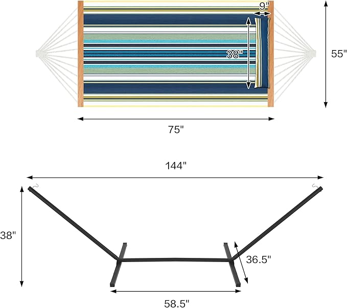 Two Person Hammock with Stand for Outside Heavy Duty, Outdoor Patio Hammock with Portable Steel Stand, Large Double Hammocks,480lbs Capacity.(Grey Stripes)