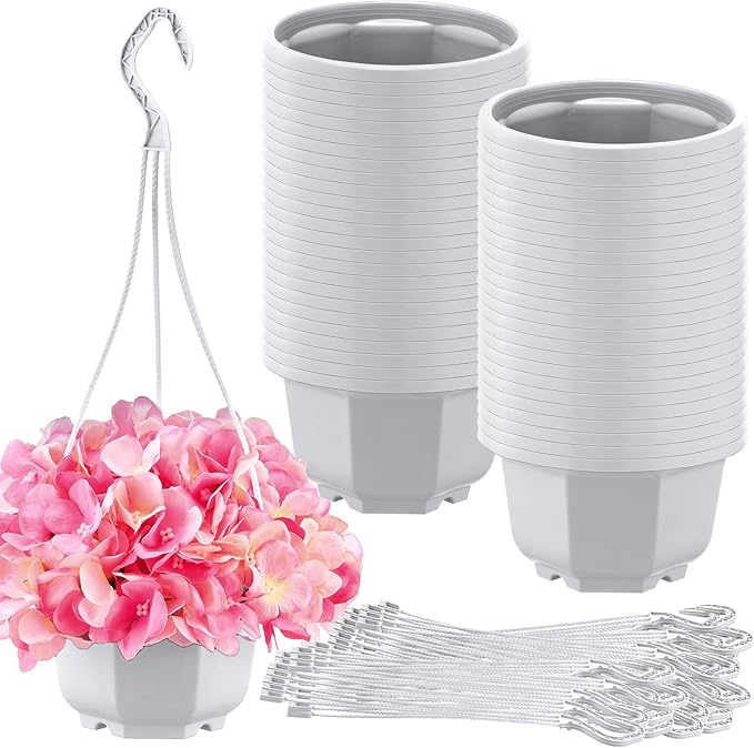 Roshtia 50 Pcs 5.9 inch Plastic Hanging Plant Pots with Hooks Flower Pots Baskets Outdoor Hanging Nursery Planter Holder for Home Garden Balcony Porch(Gray White, 5.9 inch)