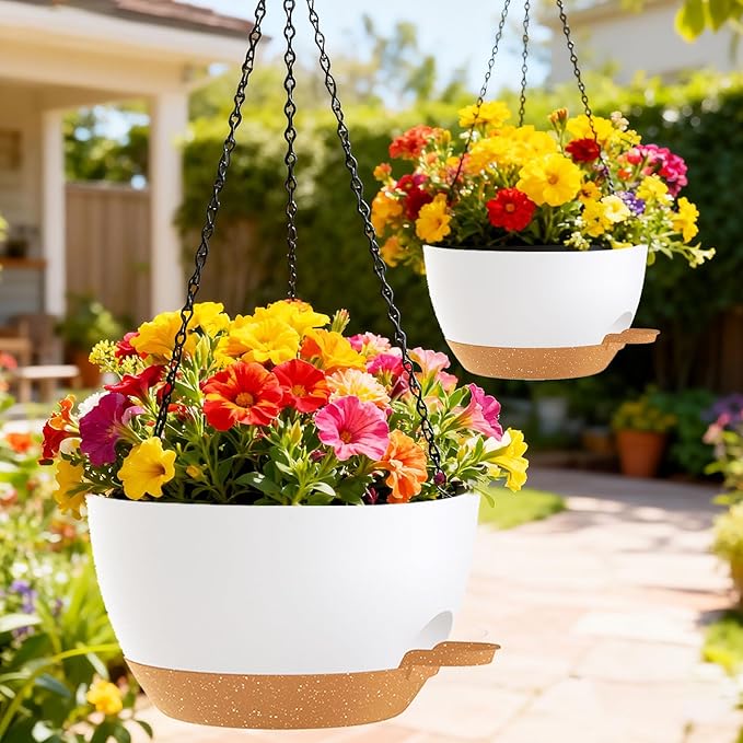 10 Inch Hanging Baskets 2 PC with Chains, Self-Watering Hanging Planters for Indoor Outdoor Plants, Plastic Hanging Flower Pots,White Brown