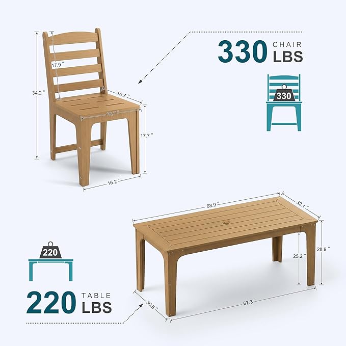 HDPE Patio Dining Set for 6, Weather-Resistant Outdoor Table with Umbrella Hole, Never Sagging One-Piece Tabletop with Metal Support Bars for Poolside Backyard Garden (Teak Color)