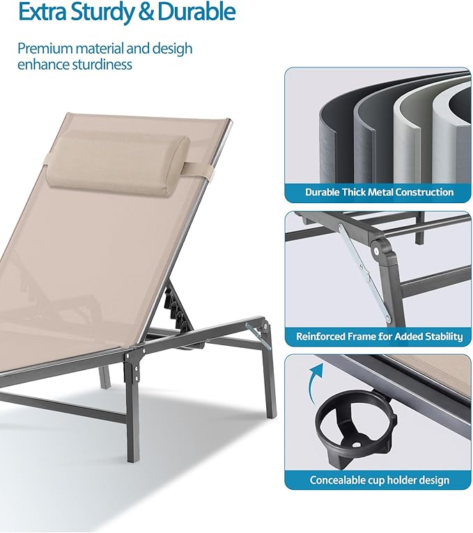 Foldable Chaise Lounge Chair with Cup Holder, Assemble-Free Outdoor Lounge Chair with Detachable Pillow and 6 Adjustable Backrest, Patio Lounge Chair for Outside Poolside Beach Pool, Khaki