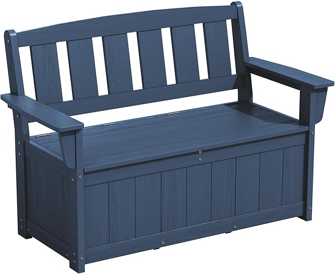 SERWALL HDPE Outdoor Storage Bench, All-Weather, UV-Resistant Deck Box with Waterproof Storage Bags, 57 Gallon Dual-Use Seat & Organizer Deck Boxes for Patio, Garden Tools & Pool (Navy Blue)