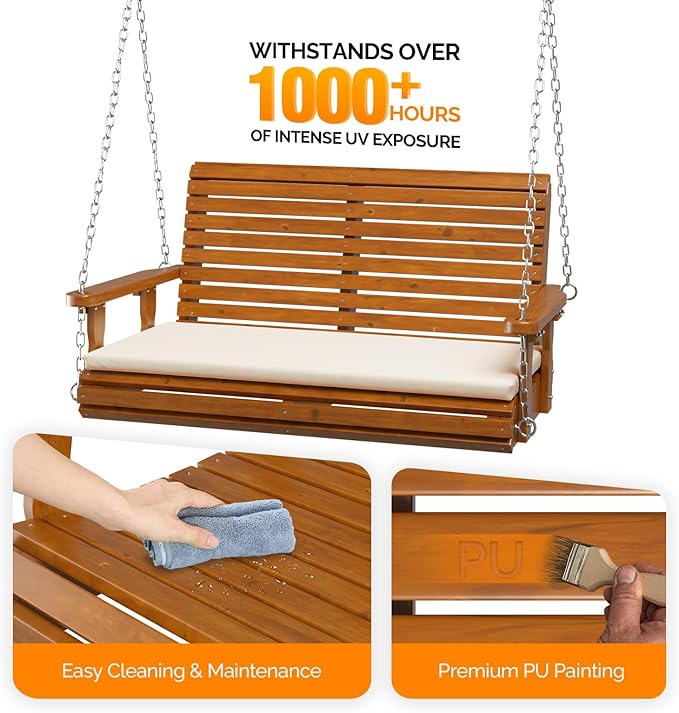 VINGLI Outdoor 4 FT Porch Swing, Heavy Duty 880 LBS Wooden Patio Swings with Cushions, Farmhouse Style Hanging Bench with Adjustable Chains for Yard | Garden | Lawn | Balcony, Brown