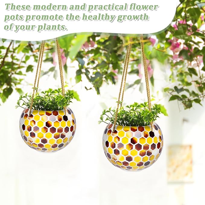 Hanging Planter Mosaic Garden Pot Small Flower Pot for Indoor Plant Disco Ball Hanging Planter with Drainage Yellow Bee