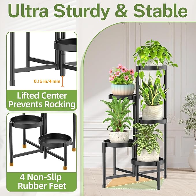 iDavosic.ly Plant Stand with Garden Tools, 5 Tier Corner Metal Flower Display Holder Shelf Indoor Outdoor, Easy Assembly Folding Tall Orchid Rack for Patio Balcony Porch Living Room House, Black