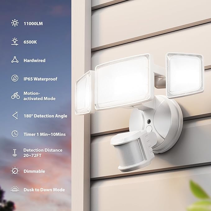 Onforu 100W LED Motion Sensor Outdoor Lights, Dusk to Dawn Flood Light Outdoor Motion Sensor, Hardwired Security Lights Floodlights Outside 11000LM 6500K Daylight IP65 Waterproof (White)