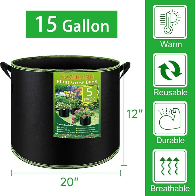 NACHLYNN 5-Pack 15 Gallon Grow Bags Thickened Nonwoven Fabric Pots Heavy Duty Aeration Fabric Pots with Handles Plant for Gardening Fruits Flowers Plant