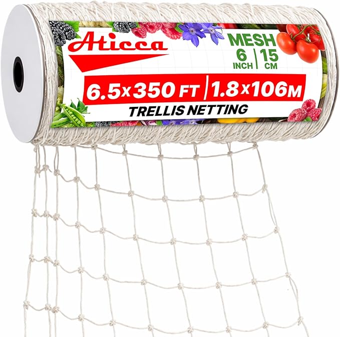 Trellis Netting 6.5 x 350 ft Heavy Duty Polyester Plant Support Netting White - 6 Inch Garden Rope Trellis on Roll - Mesh Twine for Growing Vine Climbing Plants, Flowers, Peas, and Tomatoes.