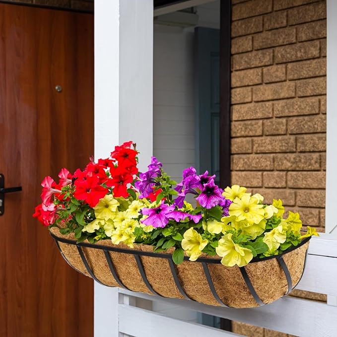 4 Pack 48 Inch Window Deck Railing Planter Boxes with Coconut Liner, Large Hanging Window Flower Boxes Metal Railing Planter for Balcony Fence Porch (4, 48 Inch)
