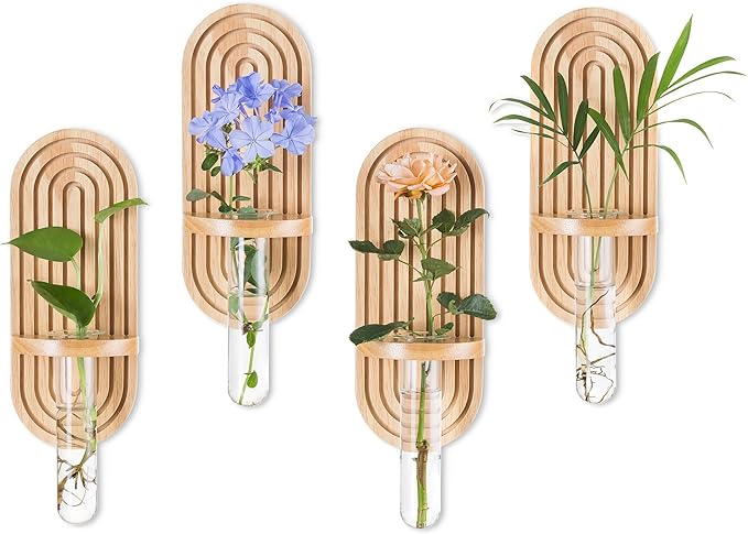 Glasseam Hanging Plant Propagation Stations: Boho Glass Wall Propagation vases Set of 4 - Wood Plant Holder Decorative Planters Terrarium Test Tube for Home Office Indoor Decor