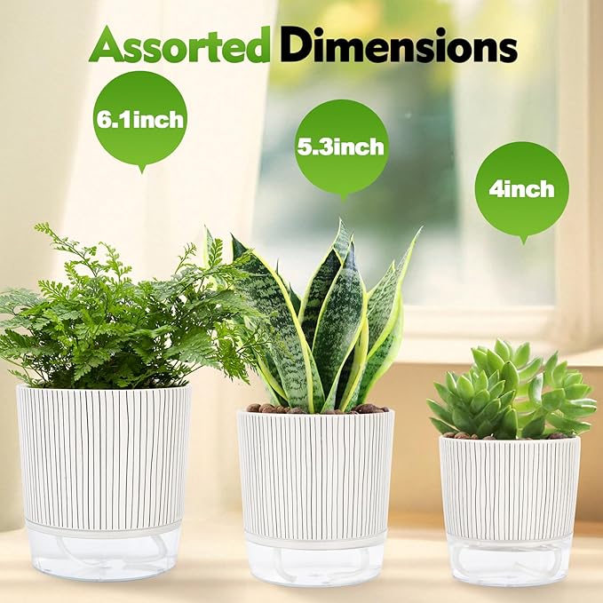 Self Watering Pots for Indoor Plants, 6 & 5 & 4 Inch Stylish Flower Pots, Set of 3 Modern Planters with Self-Watering Feature (Black Stripes)