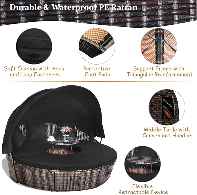 Tangkula Patio Round Daybed with Retractable Canopy, Outdoor Wicker Rattan Furniture Sets, Sectional Cushioned Sofa Set w/Height Adjustable Coffee Table, Rattan Conversation Sets (Black)