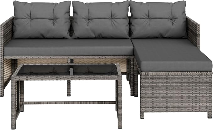 Vongrasig 3 Pieces Patio Furniture Sets, All-Weather Wicker Outdoor Sofa Couch Sectional Set, Small Conversation Set for Patio, Garden w/Cushion, Glass Table, (Grey)