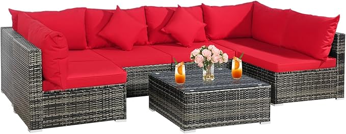 Tangkula 7 Pieces Wicker Patio Furniture Set, All-Weather Outdoor Rattan Sectional Sofa Set with Cushions & Tempered Glass Coffee Table, Outside Sofa Set for Garden, Lawn, Deck, Backyard (Red)